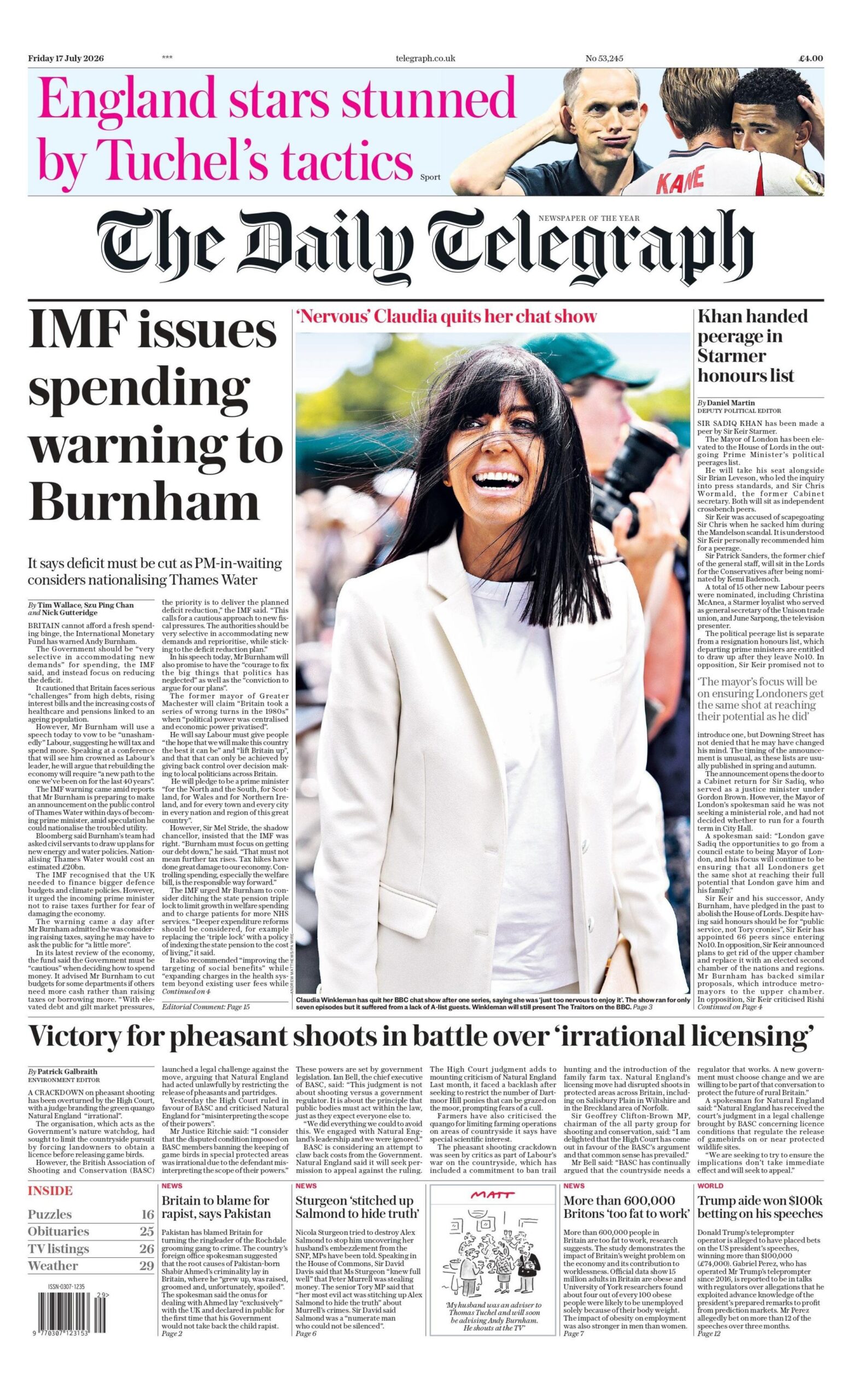 Latest News image related to IMF spending warning to Burnham and 693-day Euros countdown